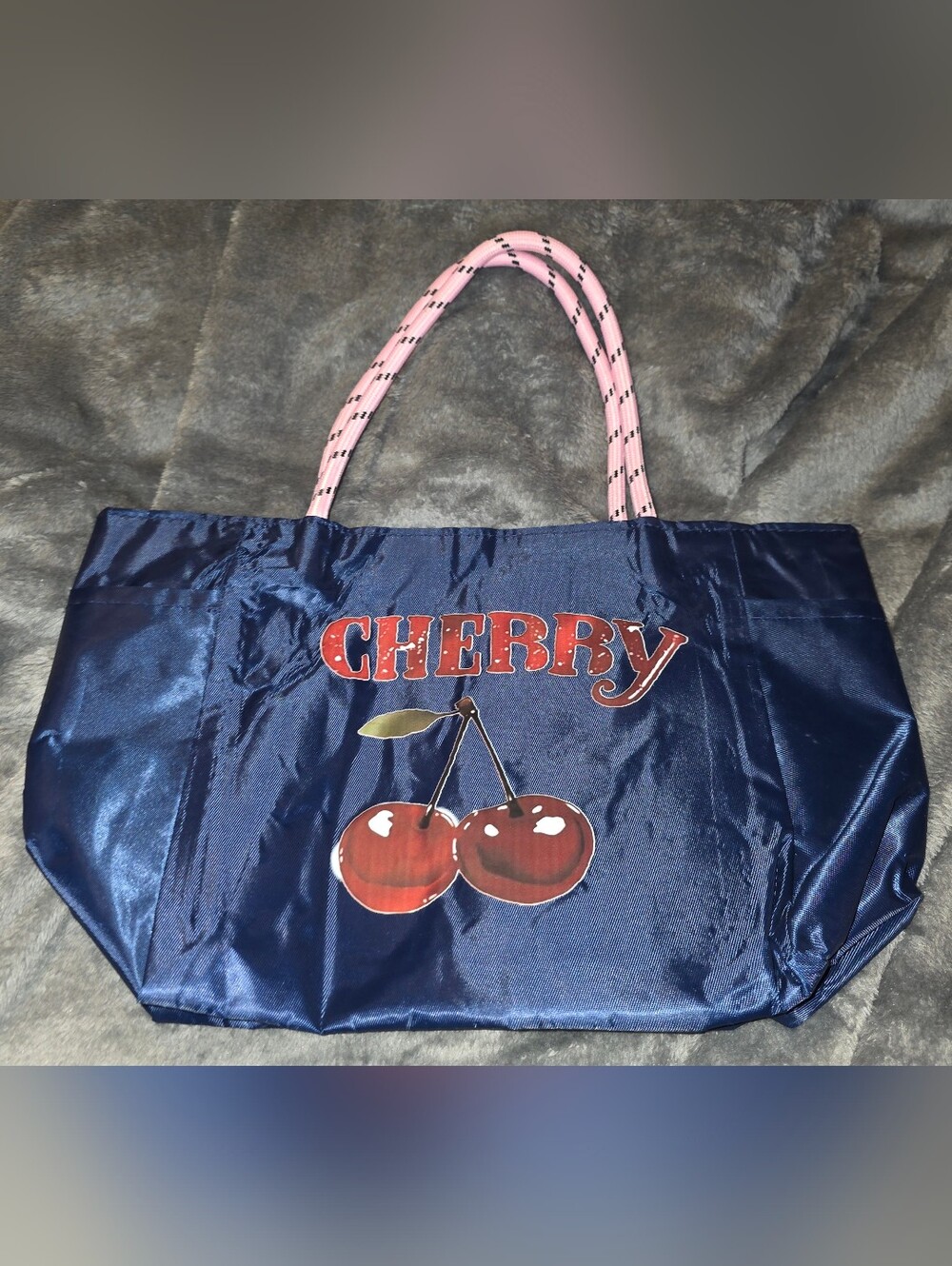 Handmade Navy Cherry Graphic Tote with Pink Rope Handles